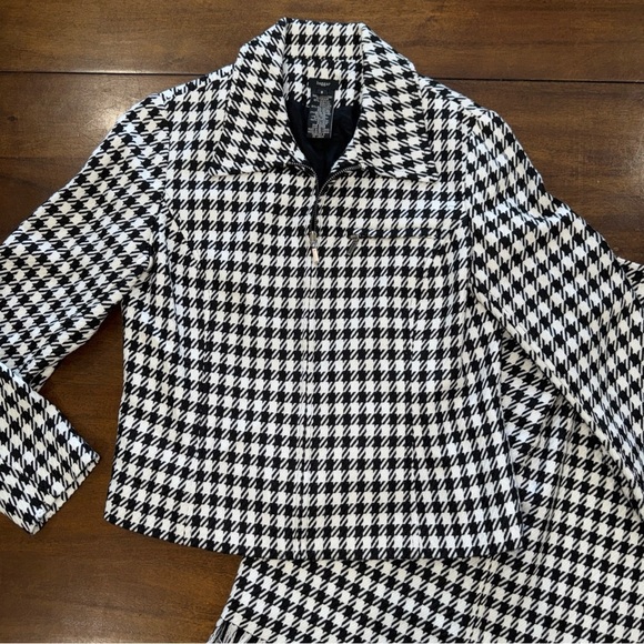 Haggar Women’s Black White Houndstooth 2 Pc Skirt Suit 8 Fringe Hem Zip Jacket - Picture 2 of 11